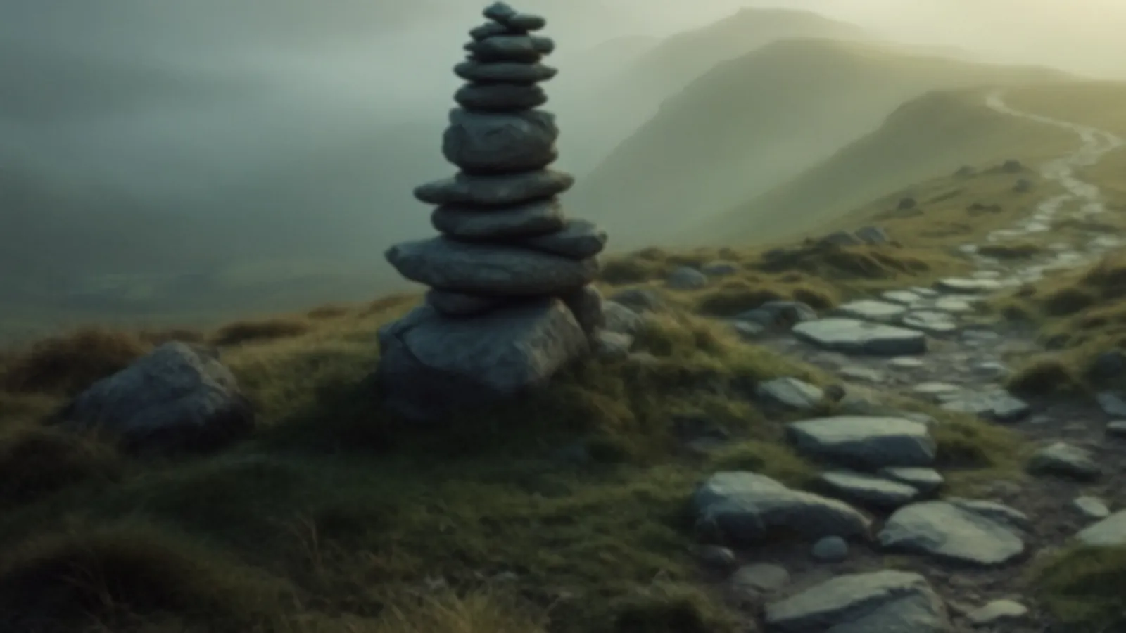 A stone cairn beside an empty hill path above misty valleys at dawn, the MilepostNote view of short-term cash loans, $100 – $5,000